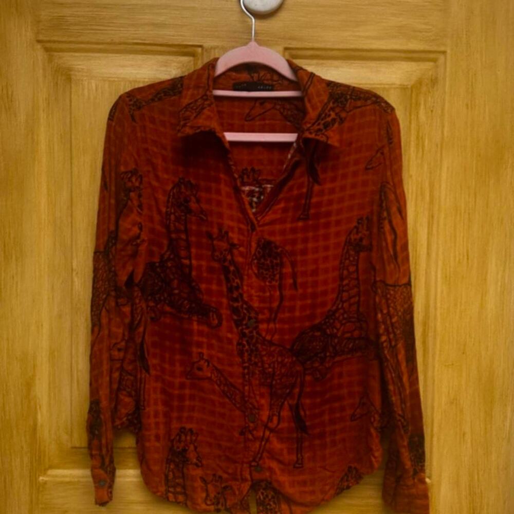 Land-Delancey Giraffe Blouse Womens M Burnt Orange Safari Animal Print Button Up
